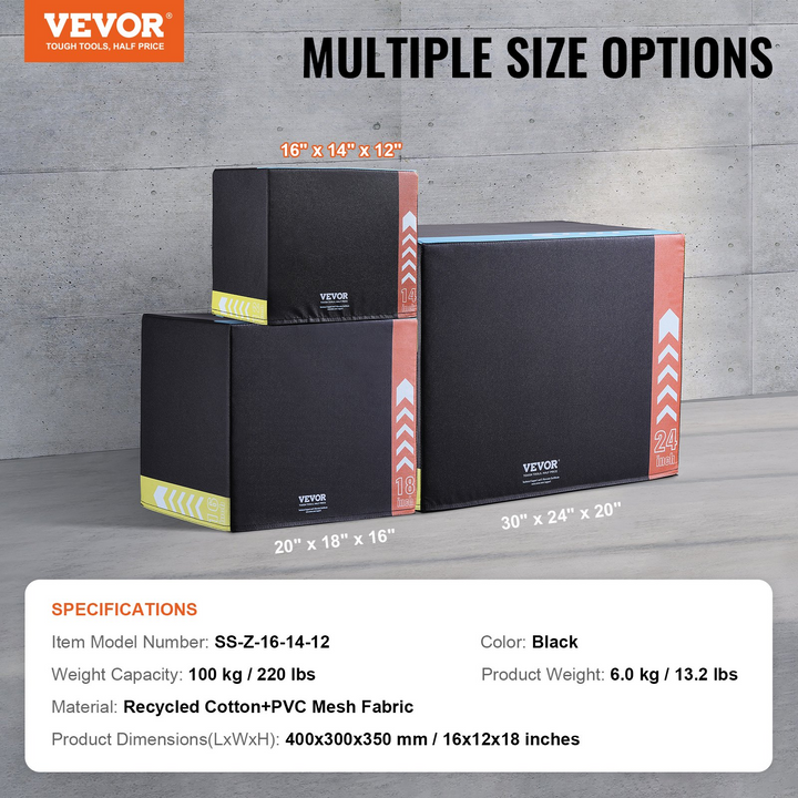 VEVOR 3 in 1 Plyometric Jump Box, 16/14/12 Inch Cotton Plyo Box, Platform & Jumping Agility Box, Anti-Slip Fitness Exercise Step Up Box for Home Gym Training, Conditioning Strength Training, Black