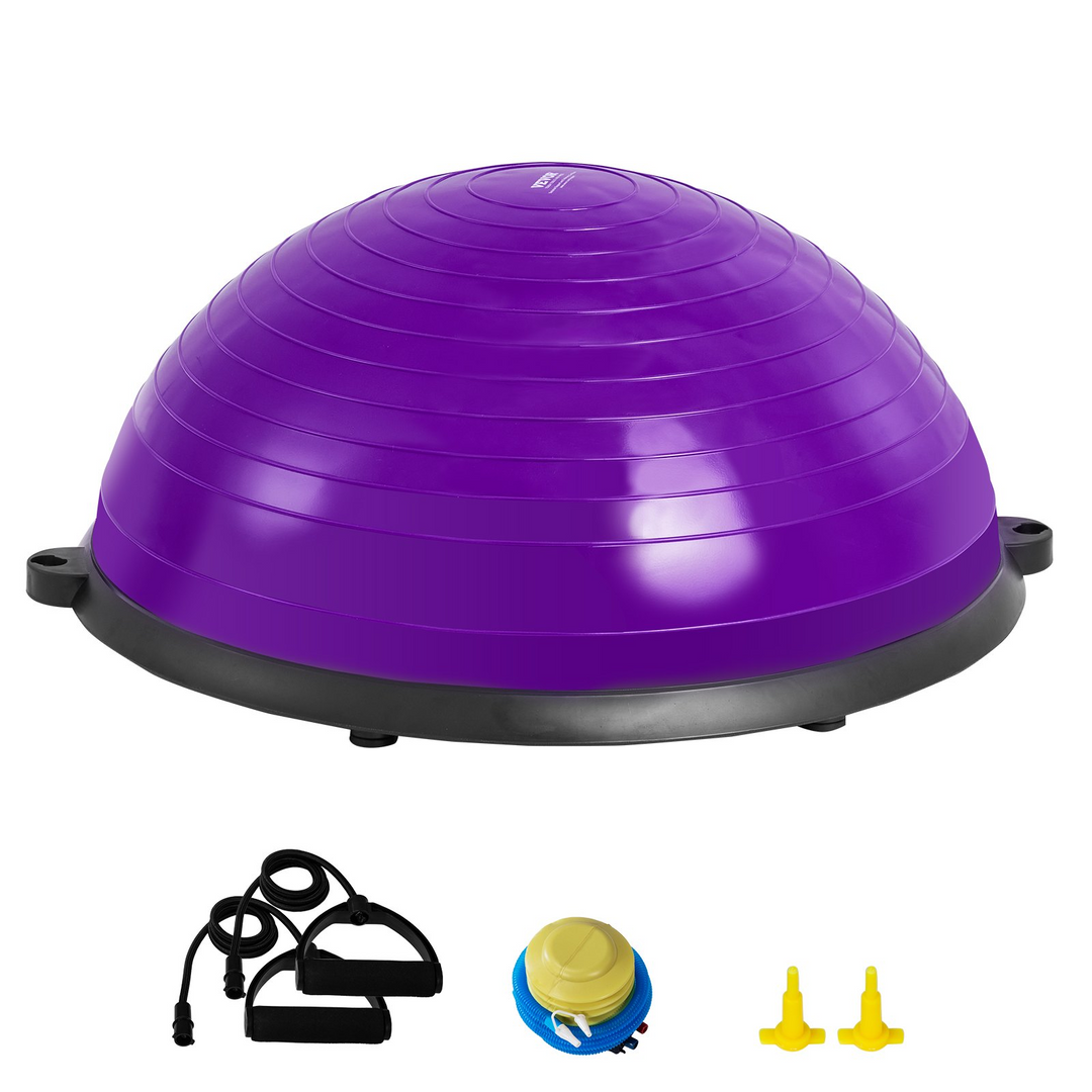 VEVOR Half Exercise Ball Trainer, 23 inch Balance Ball Trainer, 660lbs Stability Ball, Yoga Ball with Resistance Bands & Foot Pump, Strength Fitness Ball for Home Gym, Full Body Workout, Purple